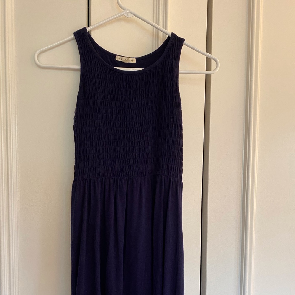 Copper Key Girls casual navy dress with smocking.